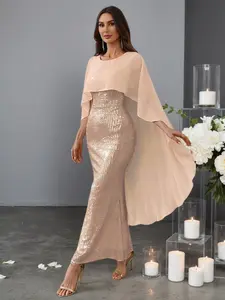 Elegant Sequined Mermaid Tail Dress, Round Neck Cape Style, Slim Fit High Waist, Perfect for Parties Weddings Events, Women Evening Wear