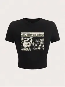 Women’s Guitar & Letter Print Baby Tee | Round Neck Crop T-Shirt | Casual Short Sleeve Summer Top
