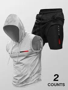 Two-Piece Set Men's Letter Print Hooded Tank Top & Drawstring Waist Shorts Set, Regular Fit Casual Sleeveless Top & Track Shorts, Summer Outfits Clothes Set for Men