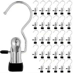30pcs Stainless Steel Hook Clothespin for Hanging Heavy Objects - Space Saving Pants Hanger, Laundry Clip with Hook, Multifunctional Clothes Hanger for Home Use, 360° Rotating Portable Storage Clips, Clothes Pins