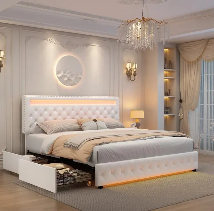 King Size Smart Bed Frame with 4 Drawers, LED Headboard & Footboard, Customizable Colors, PU Leather & Velvet Off-White, Box Spring Optional