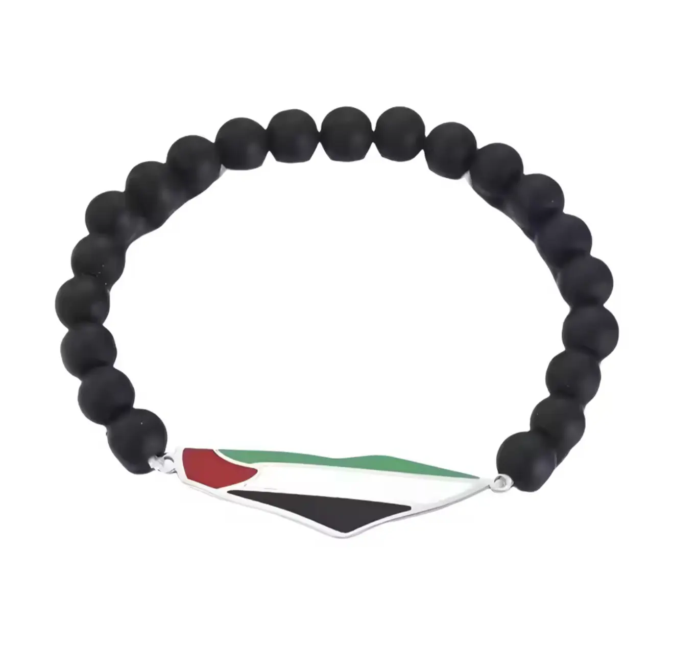 Palestine Map Flag Beads Bracelet with Matte Black Beads and Stylized Flag Charm in Red White Black Green Colors