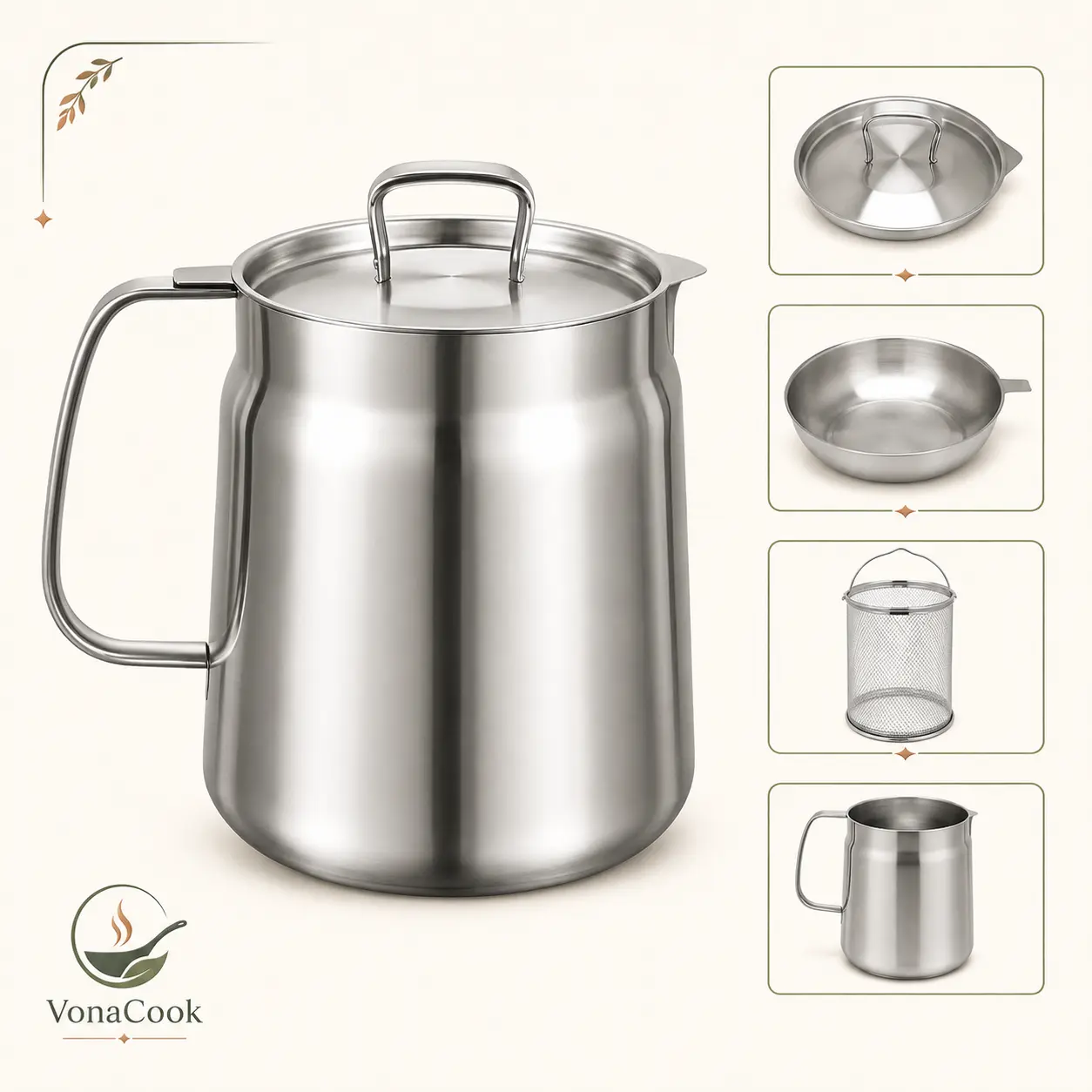304 Stainless Steel Deep Fryer Pot with Basket & Strainer, Large Capacity Bacon Grease Container for Kitchen,Frying, Cooking, Camping,Oil Filter Container - Dishwasher Safe
