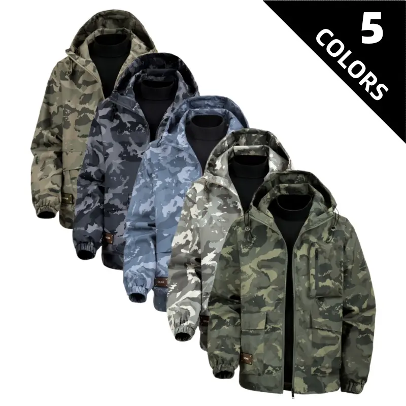 Men's Camouflage Hooded Jacket with Multiple Pockets, Full-Zip Outdoor Utility Coat for Hiking, Camping, Travel & Casual Wear