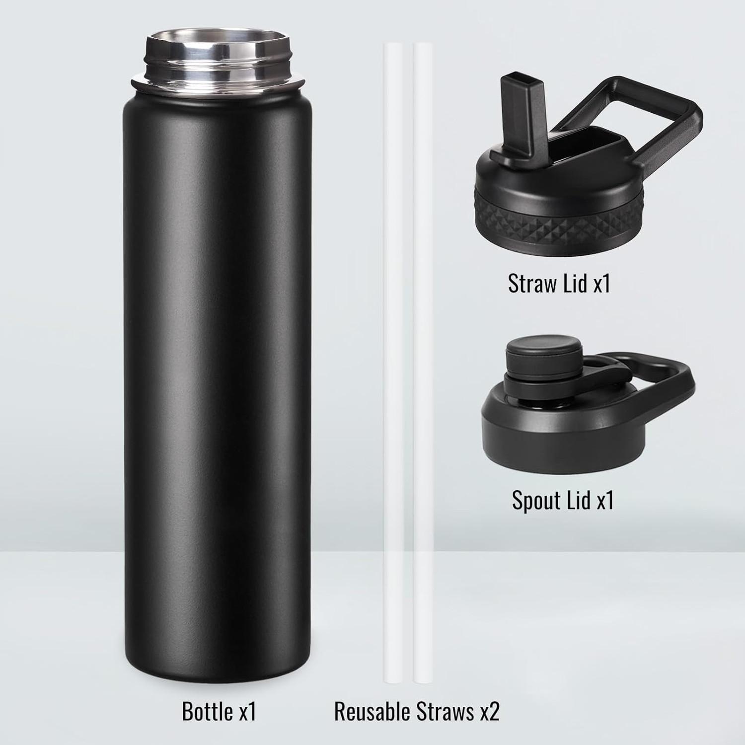 24 oz Insulated Water Bottle 304 Stainless Steel Double-Wall Vacuum Insulation 2 Lids Flip-Top Spout & Straw Lid Leak-Proof for Outdoor Activities