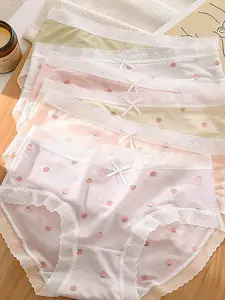 Women's Slim-Fitting Briefs, All-Season Comfortable Breathable Design, Cute Strawberry Pattern Print & Lace Edge Detailing