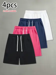 Pack of 4 men’s summer casual shorts featuring a drawstring elastic waistband; skin-friendly and breathable, loose fit suitable for everyday wear, leisure, sports, and fitness.summervibes
