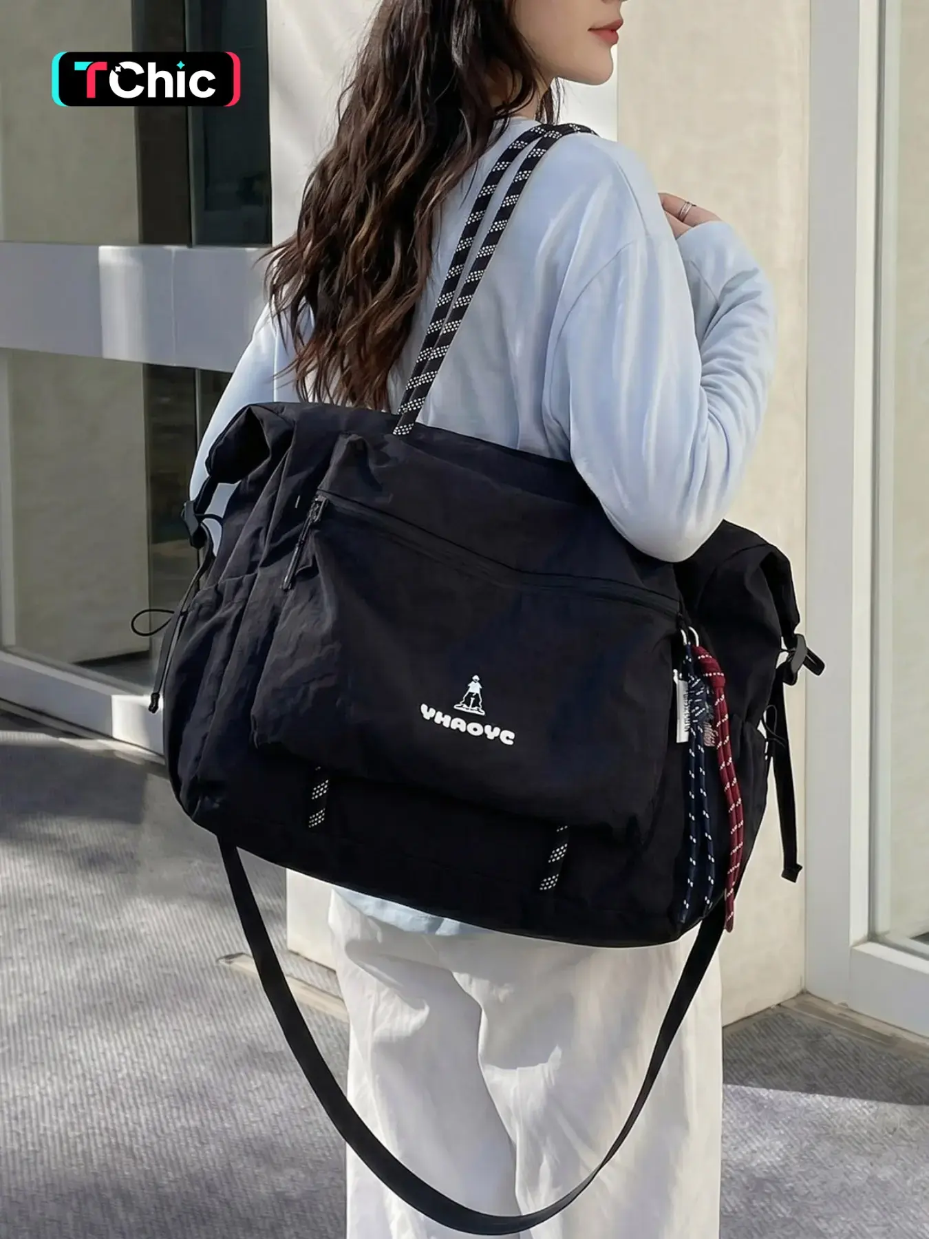 Large Capacity Tote Bag, Multi-Pocket Commuter School Travel Crossbody Shoulder Handbag, Crossbody Purse, Preppy Style, All Seasons, Fabric Material, Crossbody Fashion Bag