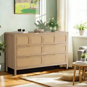 6 Drawer Dresser, Rattan Dresser for Bedroom with Metal Handles, Vintage Design, Large Storage Dressers Organizer for Bedroom, Living Room, Hallway, Dining Room