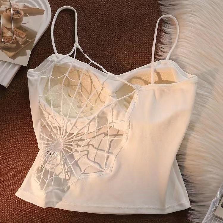 White Camisole Vest for Women Summer Inner Wear with Chest Pad Spider Web Beautiful Back Bra Integrated Sweet Spicy Girl TubeWomenswear Tops Workout Tops Spaghetti Strap Basic Workout Sets Women Sports Bra Casual Minimalist Short Sleeveless