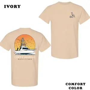 Dirty Marsh Outfitters Fishing T-Shirt | Dad Shirt Retro Boat & Sunset Graphic Tee | Coastal Saltwater Fishing Shirt | Gift For Fisherman & Boating Dad | Comfortable Summer Outdoor Apparel