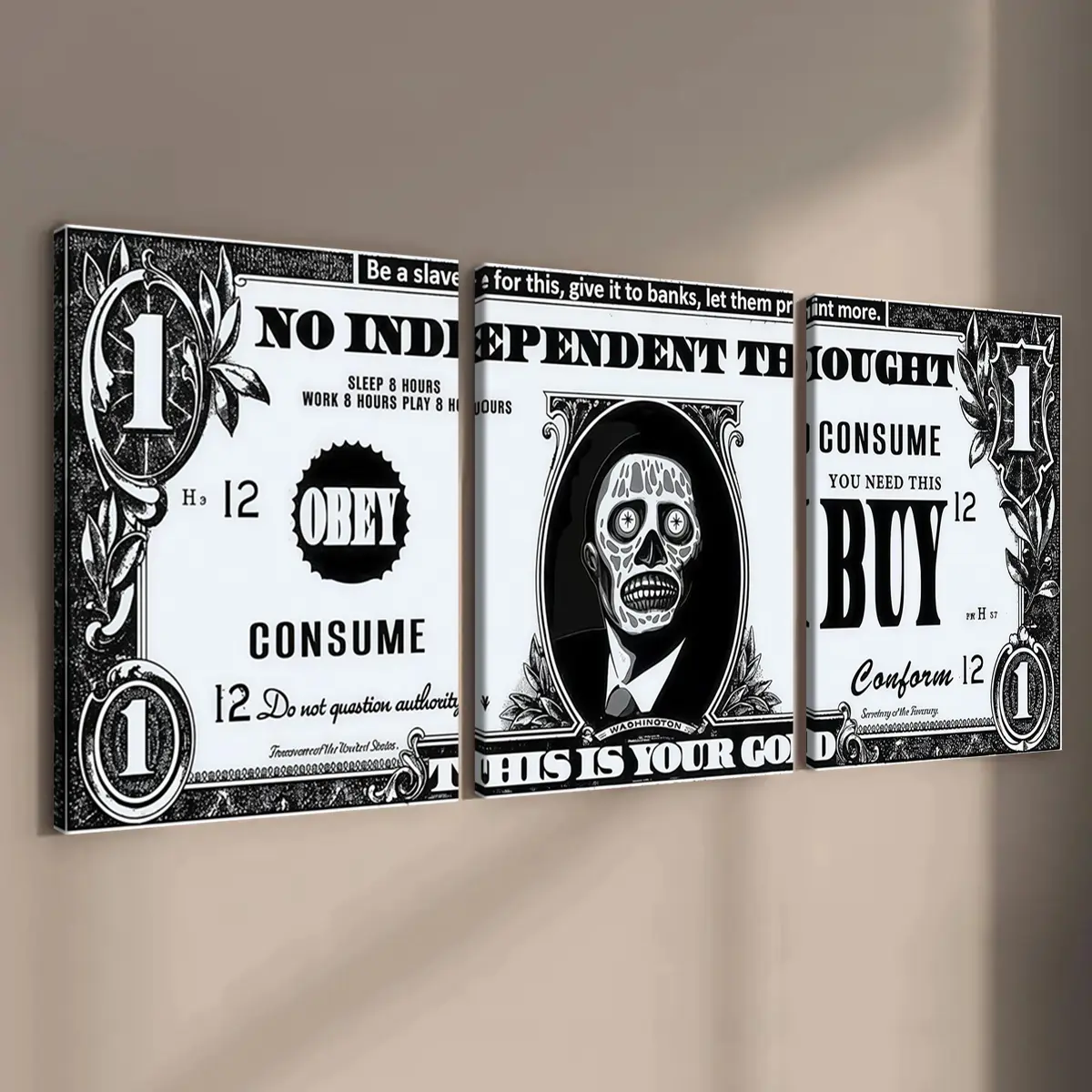 3 Count wooden frame canvas, banknote face irony: Dark warning poster of consumerism, retro art Deco, exquisite mural, stylish bedroom decoration, modern home decoration, living room and corridor wall decoration, HD, waterproof, Artwork