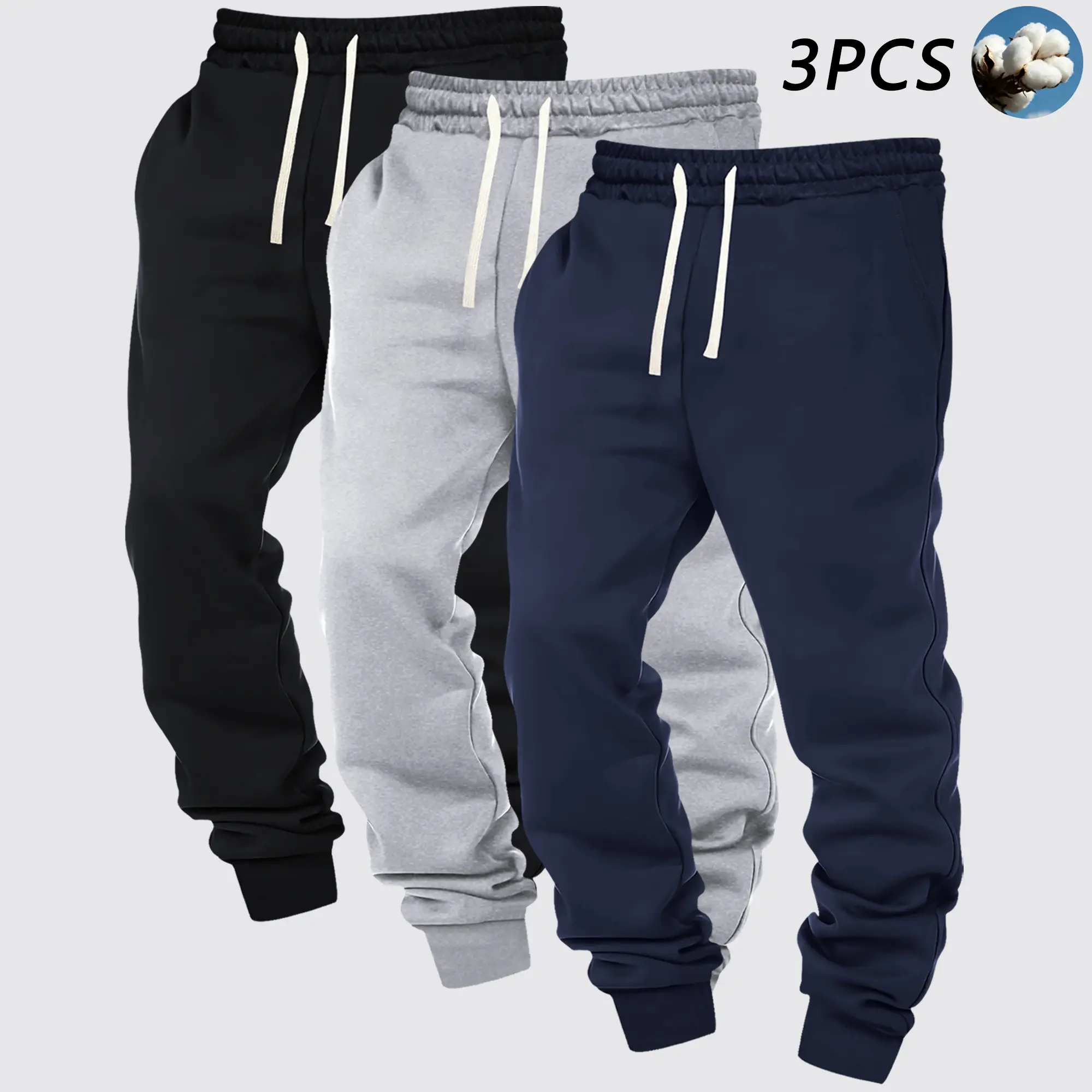 3-Pack Men's Sweatpants Casual Athletic Solid-Color Smooth-Finish Outdoor Fitness Running Everyday Versatile Elastic Waist Drawstring Cuffed Ankle