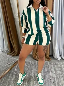 MotionKiller Stripe Casual Polo Tee & Shorts Set - Fashion Top & Bottoms for Womenswear