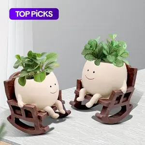 Funny Resin Flower Pot Sitting on Rocking Chair, Unique Home Decor Planter with Drainage Holes, Creative Gift for Family, Swinging Planter