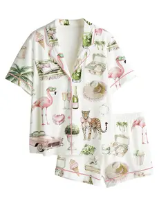 Women’s Watercolor Palm Club Summer Miami Beach Vacation Print Long & Short Sleeve Satin Pajama Set