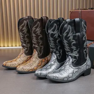 Men’s Cowboy Boots – Western boots embroidered on the shaft, featuring a non-slip square toe, chunky heel, ankle height, durable retro classic design, comfortable closed footwear suitable for walking and dancing, Onyx finish.