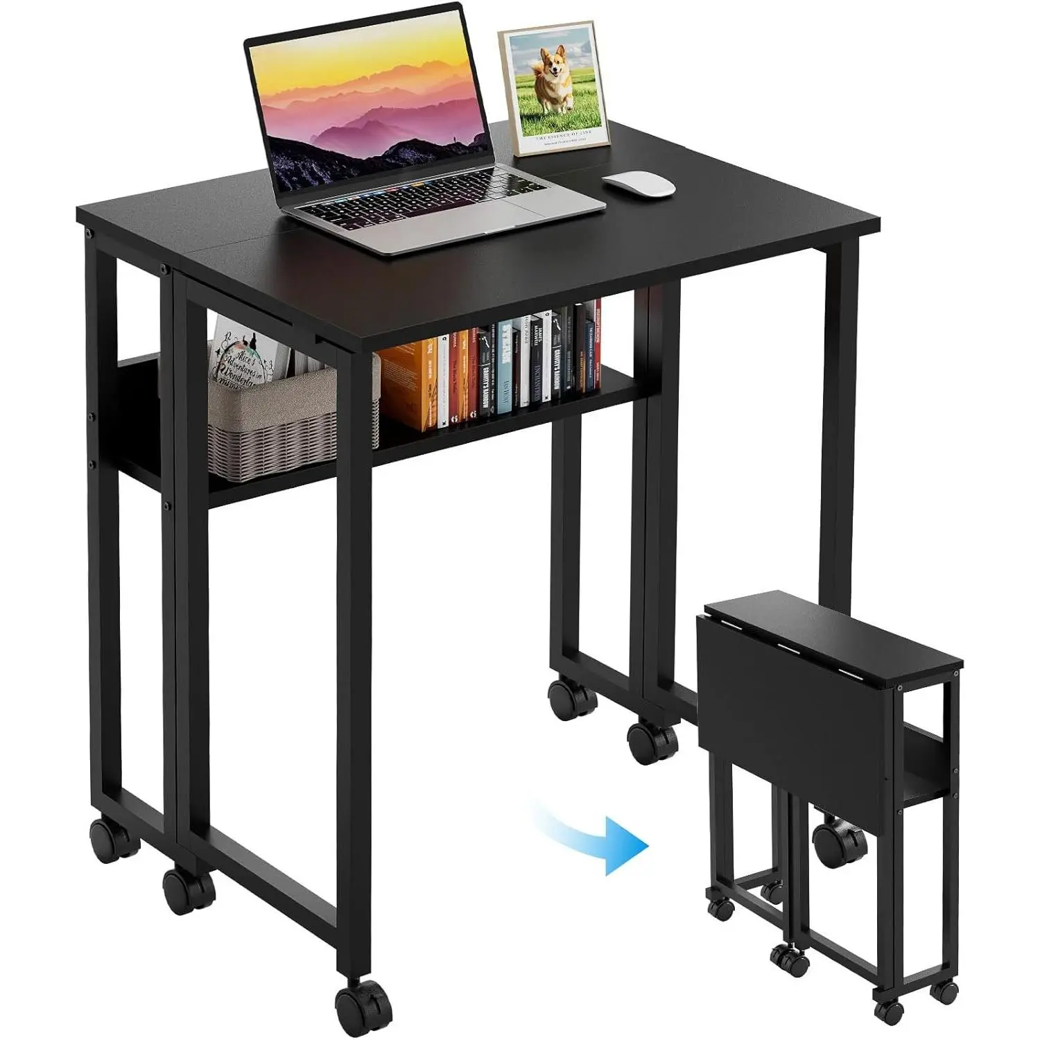 Folding Desk with Wheels, 31.5 Inch Compact Rolling  Table with Storage Shelf, Portable Mobile Workstation for Small Spaces, Easy Assembly, Black
