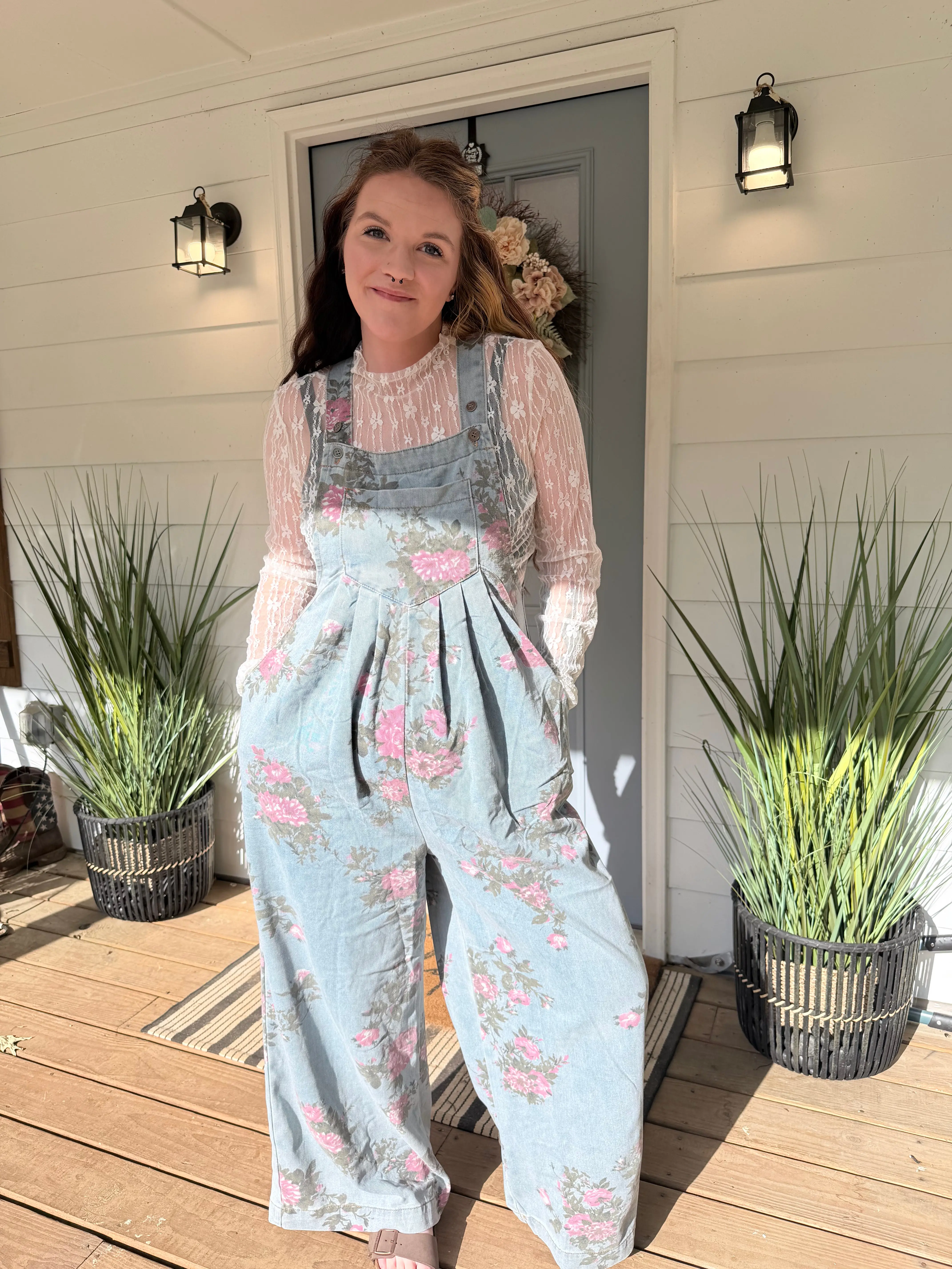 Beau Floral Print Pleated High Waist Wide Leg Denim Jumpsuit