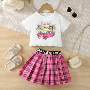 Ready Stock Kid Girls Outfits Skirts Sets Hawaii Car Letter Pattern Short-sleeved Tops Plaid Pleated Skirts 2Pcs Clothing Sizes 4-7 Pink GS132312164-1