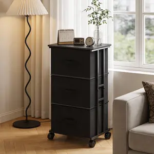 Dresser Tower with 3 Drawers for Bedroom, Fabric Storage Organizer Unit, Chest of Drawers with with WoodTop, Small Vertical Storage for Guest Room, Closet, Entryway, Nursery