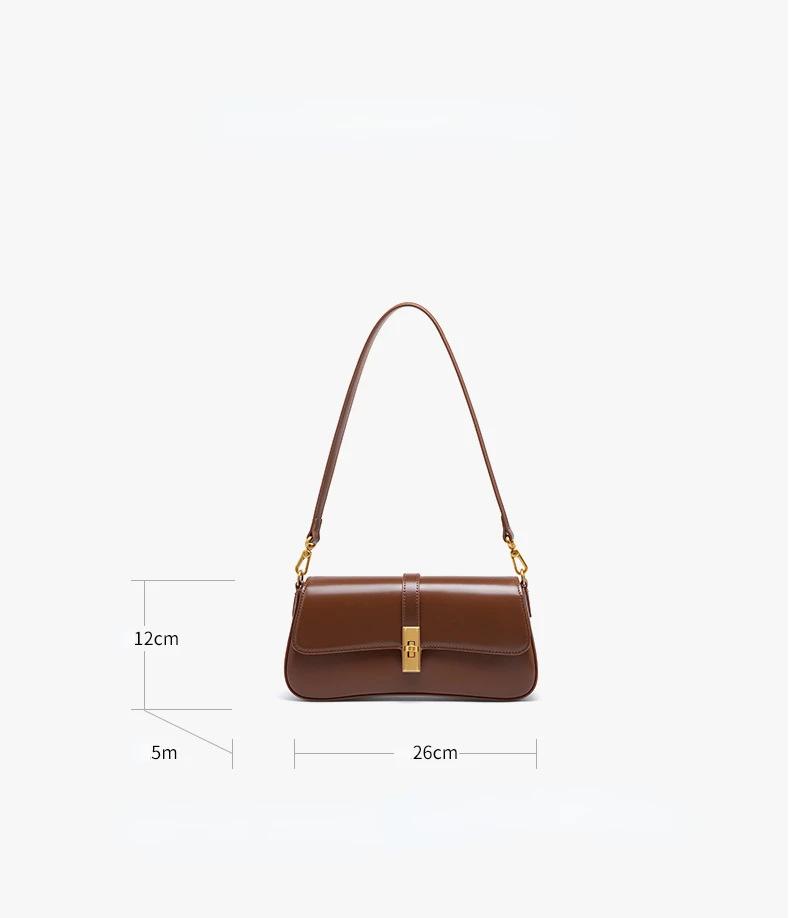 Minimalist Brown Leather Baguette Bag for Women Retro Underarm Shoulder Purse with Gold Lock