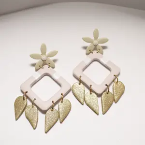 Neutral Tone Statement Earrings Polymer Clay & Glitter Dangles Elegant Diamond Drop with Floral Stud and Gold Glitter Leaves Hypoallergenic Posts