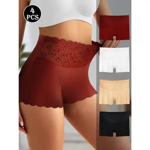 QUASTI 4PCS Women's Tummy Control & Butt Lifting Boxer Briefs – Elegant Lace Waistband Design, Premium 80% Polyester Fabric For Silky Comfort, Seamless Tummy Control Shorts For Confident Everyday Wear