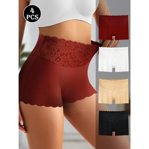 QUASTI 4/8 Pack Women's Tummy Control & Butt Lifting Boxer Briefs – Elegant Lace Waistband Design, Premium 80% Polyester Fabric For Silky Comfort, Seamless Tummy Control Shorts For Confident Everyday Wear