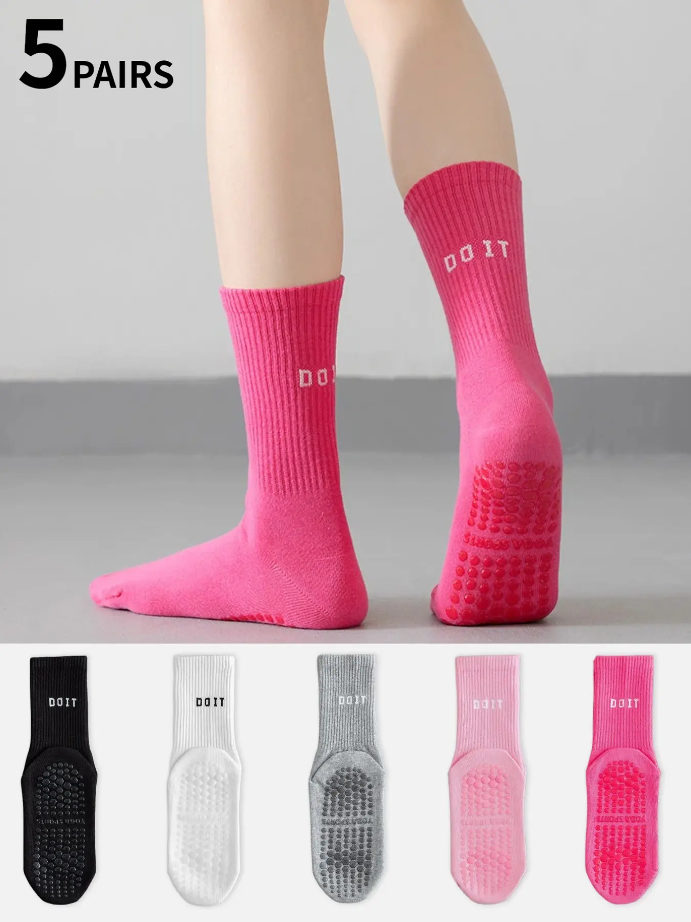 5 pairs of simple solid-color yoga socks, sports socks, athletic socks, fashionable, comfortable, anti-slip, letter print casual socks, suitable for women's daily exercise and fitness wear