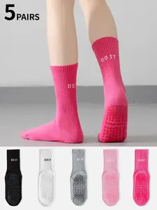 5 pairs of simple solid-color yoga socks, sports socks, Athletic Grip Socks, fashionable, comfortable, anti-slip, letter print casual socks, suitable for women's daily exercise and fitness wear