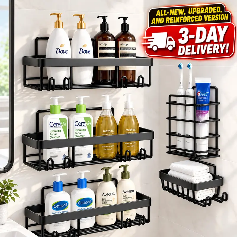Black 5-Piece Wall-Mounted Shower Caddy Set, No-Drilling Self-Adhesive Installation, Rustproof Steel Bathroom Accessories for Renters, with Shampoo/Conditioner Shelf, Strong Holding, Storage Upgrade & Bath Decor