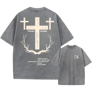 Vintage Washed Gray Christian Streetwear T-Shirt with Triple Cross & Crown of Thorns Print, Luke 23:43 Bible Verse, Oversized Grunge Faith-Based Aesthetic Unisex Casual Tee
