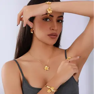 Vintage Floral Pendant Jewelry Set, 4pcs Retro Gold Tone Flower Necklace Bracelet Earrings Ring, Elegant Hypoallergenic Accessory