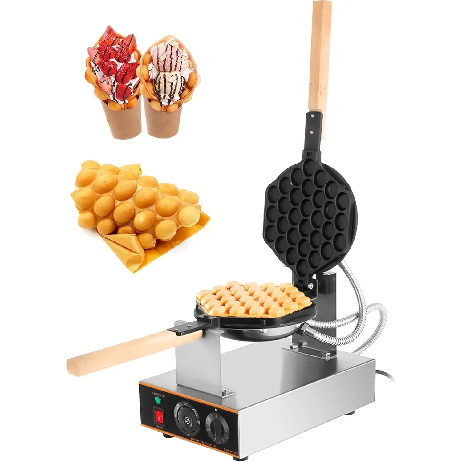 1400W Commercial Bubble Waffle Maker (1 x Egg Cake Machine) - 1000 to 1499 W Non-Stick Teflon Coated Stainless Steel Baker for Family, 180° Rotatable 2 Pans, Wooden Handles, 50-250℃/122-482℉ Temperature Control, 14 lbs, 1 x User Manual
