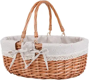 Large Wicker Basket with Handles,Handle Sturdy Woven Body with Removable and Washable Lining,Camping,Gift Packing,Picking,.White Flower
