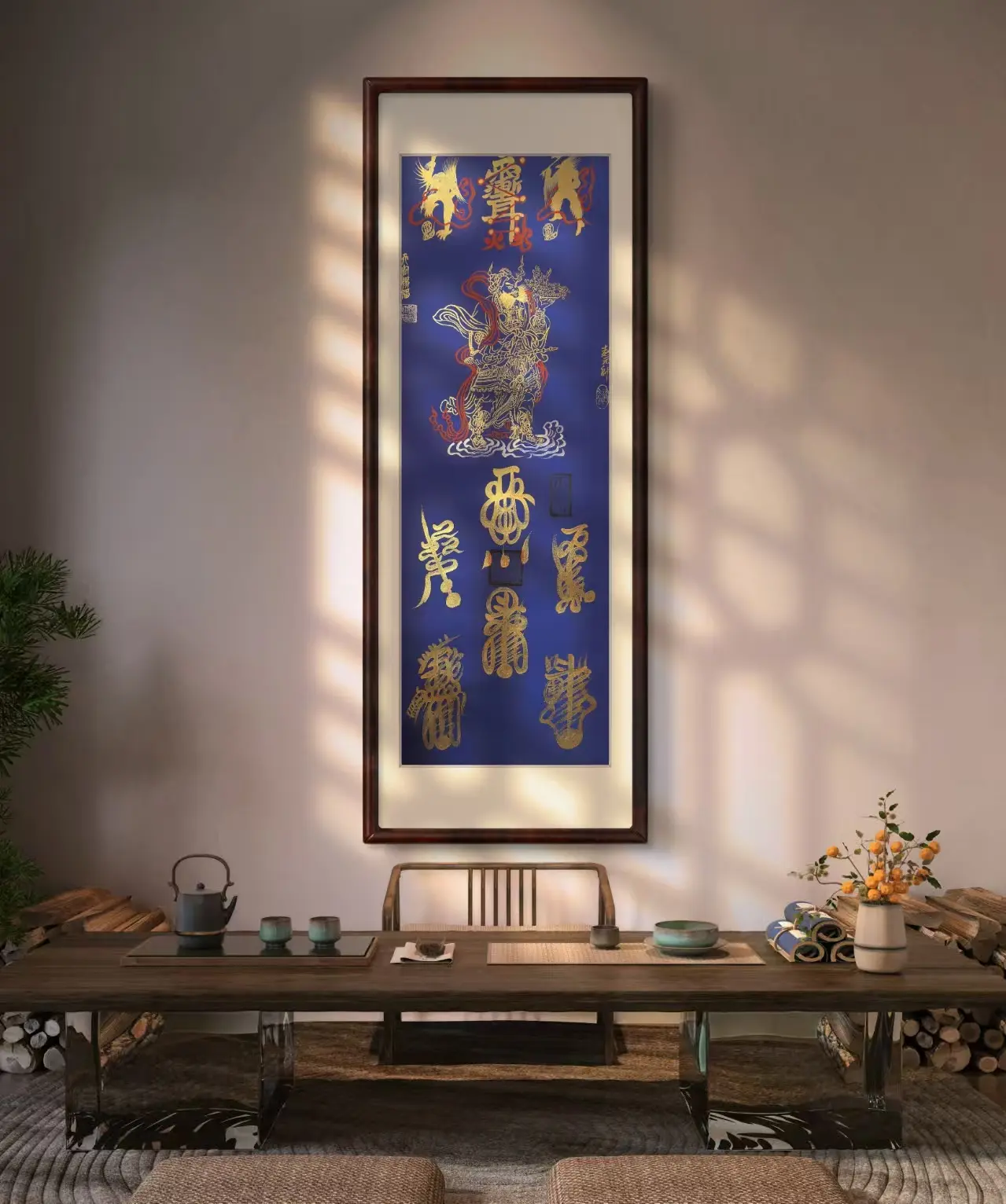 Hand-Painted Religious Scroll Portrait - Zhao Gongming (God of Wealth) & 9 Heavens Thunder Manifestation Heavenly Lord of Universal Transformation, Taoist Priest-Consecrated Spiritual Blessing Decor Ornament for Room Decor, Fortune & Prosperity Symbol, Or