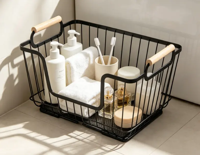 Stackable Wire Pantry Basket with Wooden Handle, Black Kitchen Storage Organizer for Cabinets & Countertops
