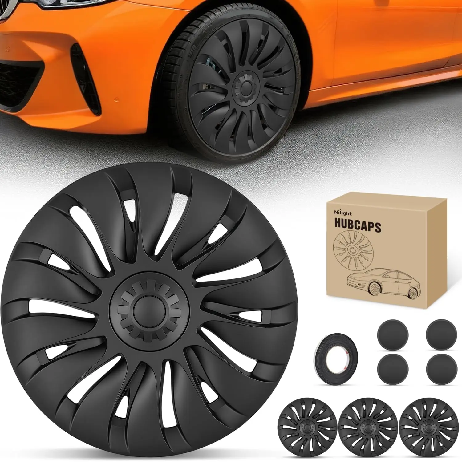 Nilight Matt Black Multi-Spoke Uberturbine Style Hubcaps (4 Pcs ABS+PC) - 19 Inch Rims Wheel Protection, Waterproof Cover, Tool-Free Easy to Install, High Hardness & Durability, Silent Sponge Auto Parts for 19" Y Fit 2021-2024 Tesla Model Y Gemini