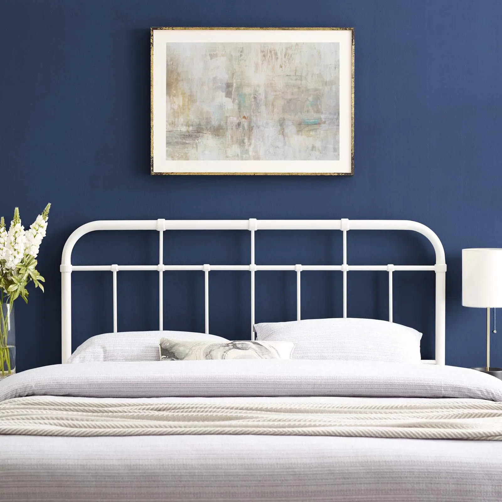 Modway Alessia Full Size Iron Metal Headboard - White, Durable Construction, Industrial Charm, Modern Farmhouse Design, Gentle Curve, Assembly Required, 7 Different Mounting Positions, Indoor Furniture Headboard