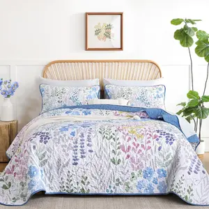 Floral Sets Queen Size Blue Set 3 Pieces Bedspreads Bedding Set Soft and Cozy Microfiber Lightweight Flower Bed Coverlet Sets for All Season(Queen 96"x90")