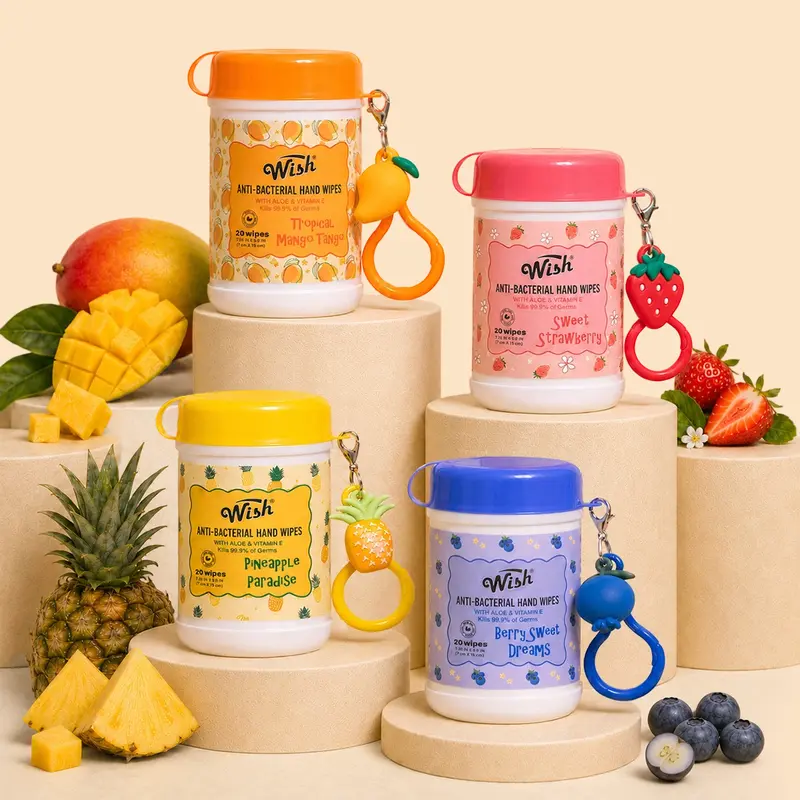 Wish Anti-Bacterial Hand Wipes, 4-Pack Sealed Cans with Fruit Charms, 4-Scent Variety, Gentle Care, Kills 99.9%, Mini On-The-Go Kids Sanitizing Wipes, Fruity Fresh (Total 80ct)