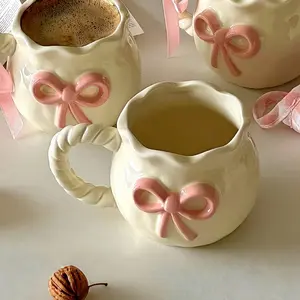 Irregular Shaped Bowknot Design Ceramic Coffee Mug, Food Grade Lead Free BPA Free Creative Aesthetic Decorative Beverage Drinkware, Dishwasher & Microwave Safe Cup for Latte Oatmeal Tea Breakfast Home Office Kitchen Party Daily Use