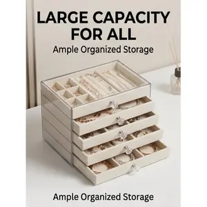 A set of 5 acrylic jewelry storage boxes with transparent downy velvet lining, featuring a stackable design and detachable dividers, suitable for earrings, necklaces, rings and bracelets, as well as a display box for women's makeup tables.