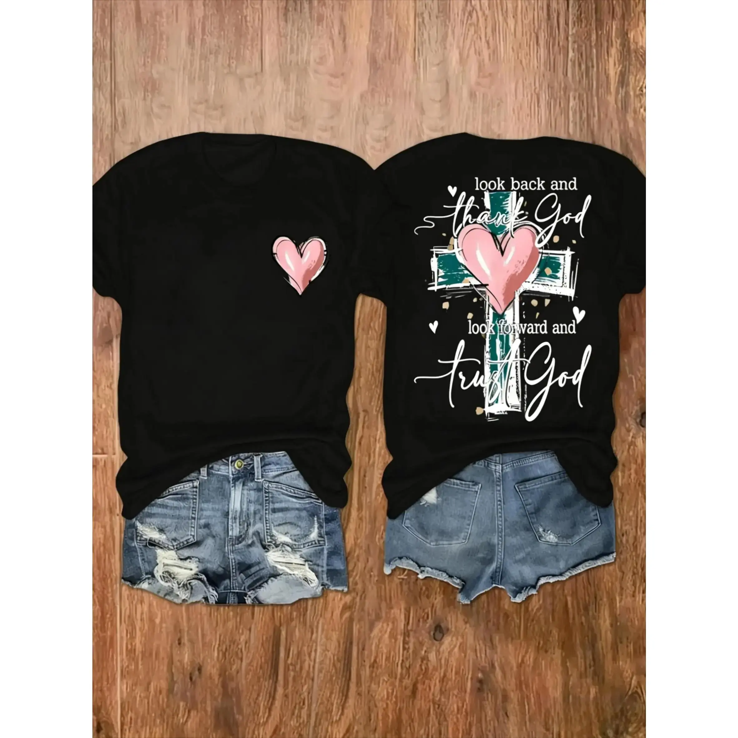 Christian Couple Matching Graphic Tee Faith Cross Heart Print Look Back Thank God Trust God Casual Shirt