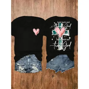 Christian Couple Matching Graphic Tee Faith Cross Heart Print Look Back Thank God Trust God Casual Shirt
