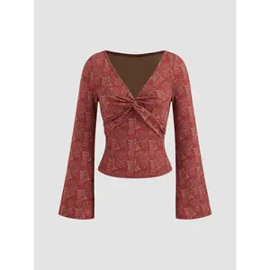 Cider V-neck Floral Twist Long Sleeve Top