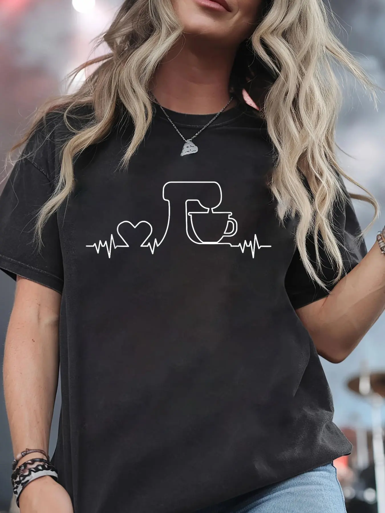 Women's Baking Heartbeat Funny Pastry Baker Graphic T-Shirt - Shortleeve, Round Neck, Loose Style Lady's Casual Comfort Tee Top for Spring & Summer Baking Gift, Shortsleeve, Tshirt, Streetwear, Cotton, All Seasons, Party, Do Not Bleach, Tumble Dry