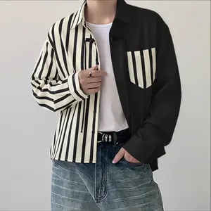 INCERUN Men's Color Block Striped Long Sleeve Shirts - Unisex Loose Menswear Outerwear, Deconstructed Geometric Design, Asymmetrical Visual Casual Top, Streetwear Daily Wear, Color Block Shirts