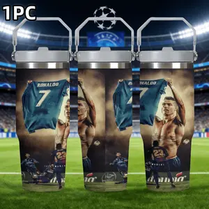 1pc 30oz Stainless Steel Insulated Tumbler – Cristiano Ronaldo & Real Madrid Champions League Classic Moments Theme | Portable Handle | Large Capacity Sports Water Bottle | Ideal Gift for Sports Fans